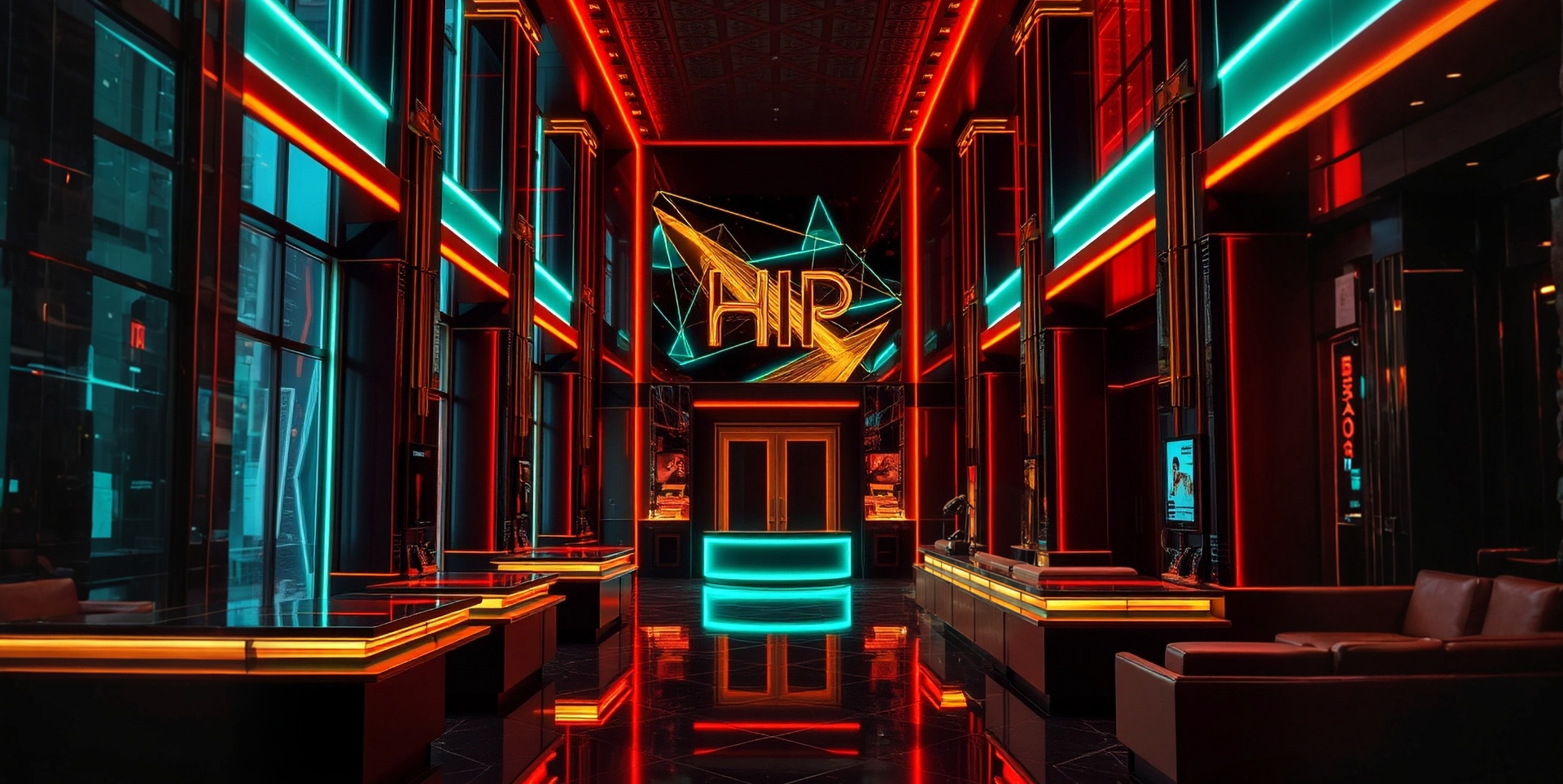 The HIP IP Tower Lobby — neon teal and red lit interior with the HIP marquee